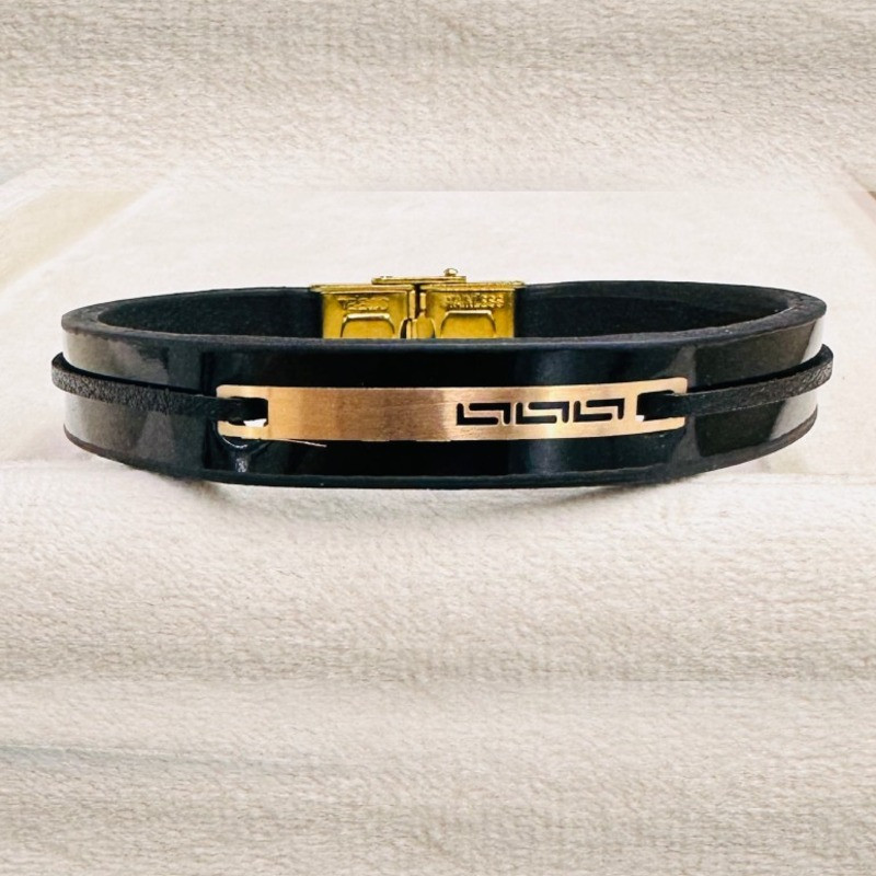 دستبند مردانه طلا بند چرمی کد 998